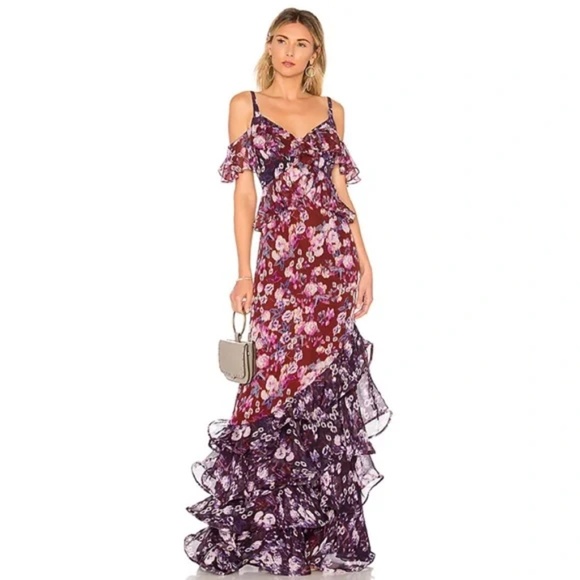 Amur Dresses & Skirts - AMUR Moira SILK Maxi Ruffle Dress Gown Floral Boudreaux/Purple 4
